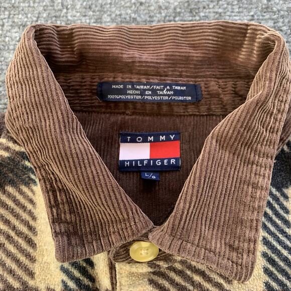 VTG Tommy Hilfiger Fleece Sweater Mens Large Relaxed Fit Corduroy Collar Plaid - Picture 4 of 13